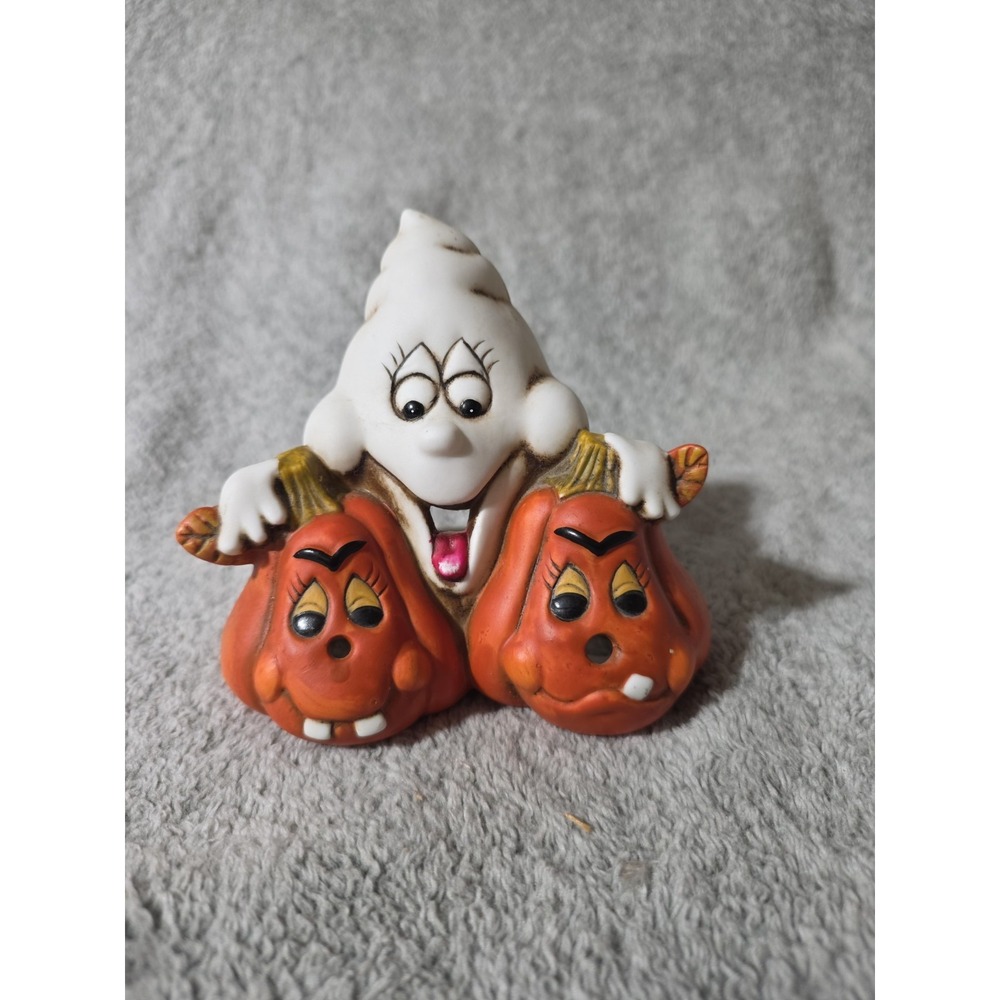 Ceramic Halloween Ghost Jack O Lantern Candle Holder Figure Spooky Decor 4" tall